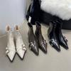 2025 Autumn and Winter New Fashion Versatile French Pointed Head Thick High Heel Short Boots Femininity Side Zipper