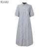 ZANZEA Women Casual Turn Down Collar Summer Short Sleeve Stripe Shirt Dress