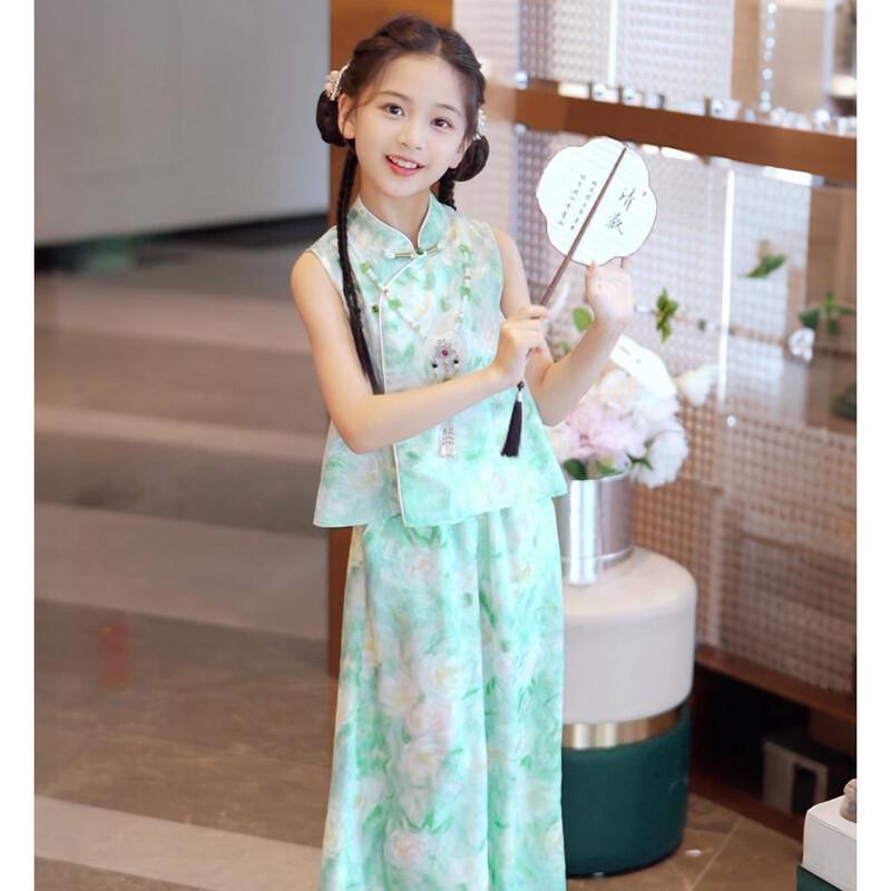 Girls' New Chinese Style Floral Top & Casual Pants Set