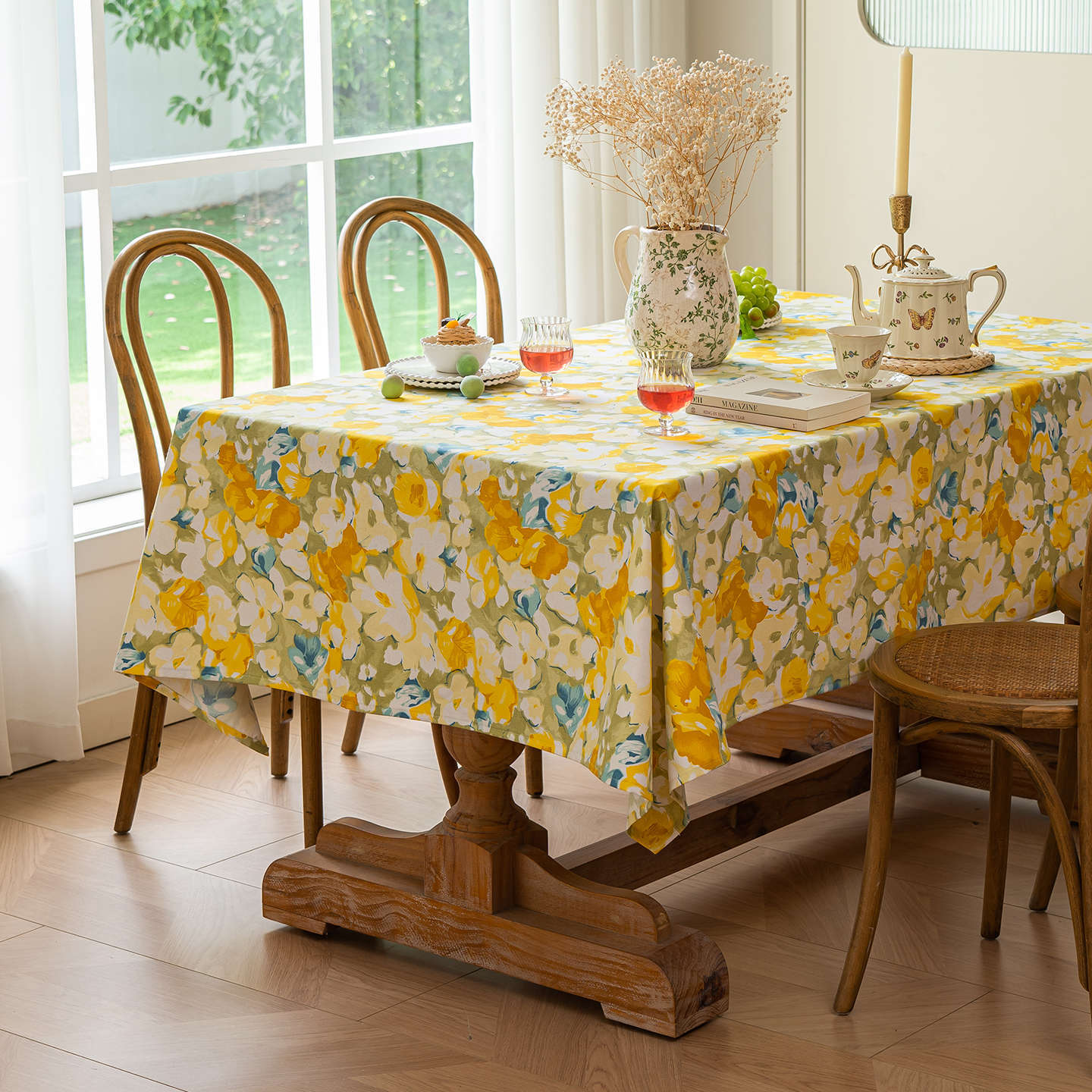 American Country Floral Tablecloth Cotton Linen Rectangular Dining Table Cover Tea Tablecloth 90*90cm
