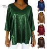 Regular Fit Blouse Women Tops V-Neck 3/4 Sleeves Loose Pullover Solid Everyday Wear Top Color Glossy Design Casual Clothing Shirt