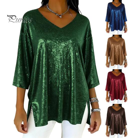 Regular Fit Blouse Women Tops V-Neck 3/4 Sleeves Loose Pullover Solid Everyday Wear Top Color Glossy Design Casual Clothing Shirt