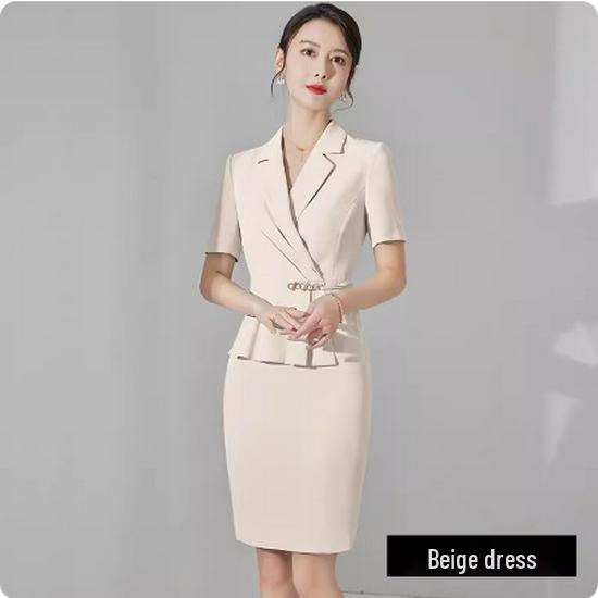 

Женское облегающее платье с короткими рукавами и стройнящими складками: Профессиональный костюм-двойка для рабочей одежды в ювелирном и салоне красоты L