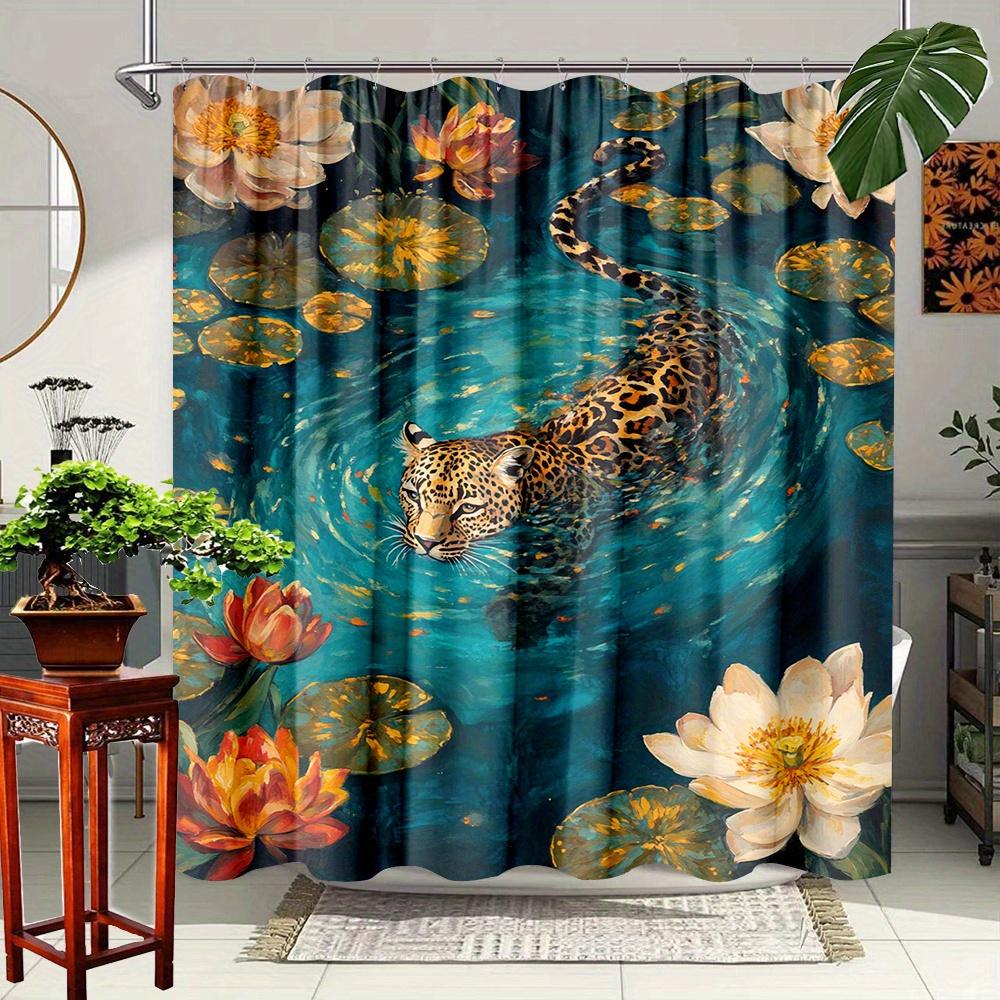 

Jungle Leopard Shower Curtain - Waterproof, Mildew-Resistant With Lotus Flower Design For Exotic And Nature-Inspired Decor W60H190(CM)-1 Pcs