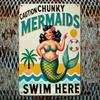 2D Vintage Caution Chunky Mermaids   Colorful Beach Scene with Palm Tree Sun and Swim Here Sign