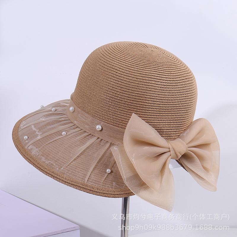 Summer large brim pearl decorative bow straw hat women's fashion outdoor travel vacation sun hat