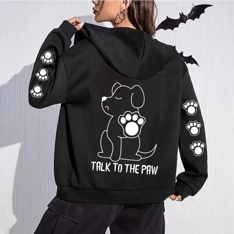 Talk To The Paw Dog Design Zipper Hoodies Pullovers Women's Drawstring Paw Print Zip Up Sweatahirts Long Sleeve Hooded Clothes