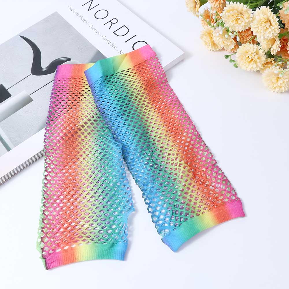 Short Half Finger Long Half Finger Girl Nylon Fishing Net Gloves Rainbow Color Gloves Arm Sleeves