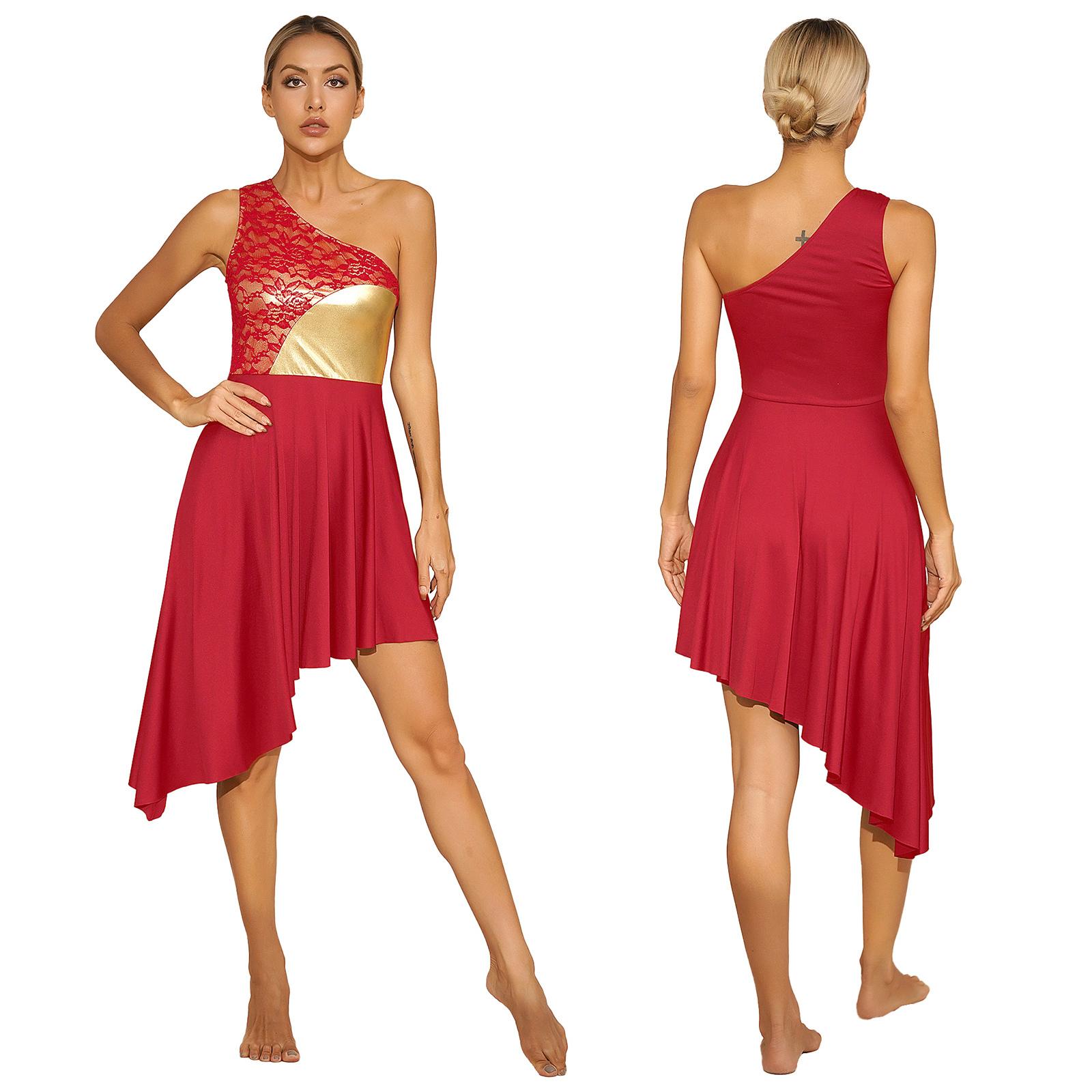 

Elegant One Shoulder Dress for Special Occasions: Lace Patchwork & Contrast Color Design with Asymmetrical Hem, S-XXL Sizes S червоний