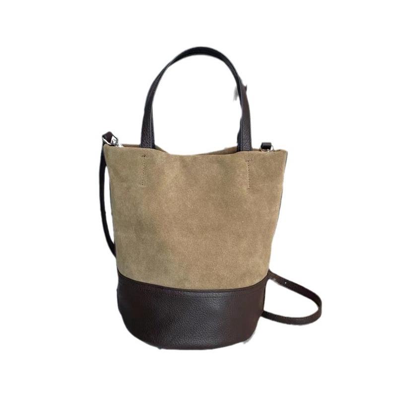 Frosted Cowhide Bucket Bag Genuine Leather Crossbody Handbag for Women