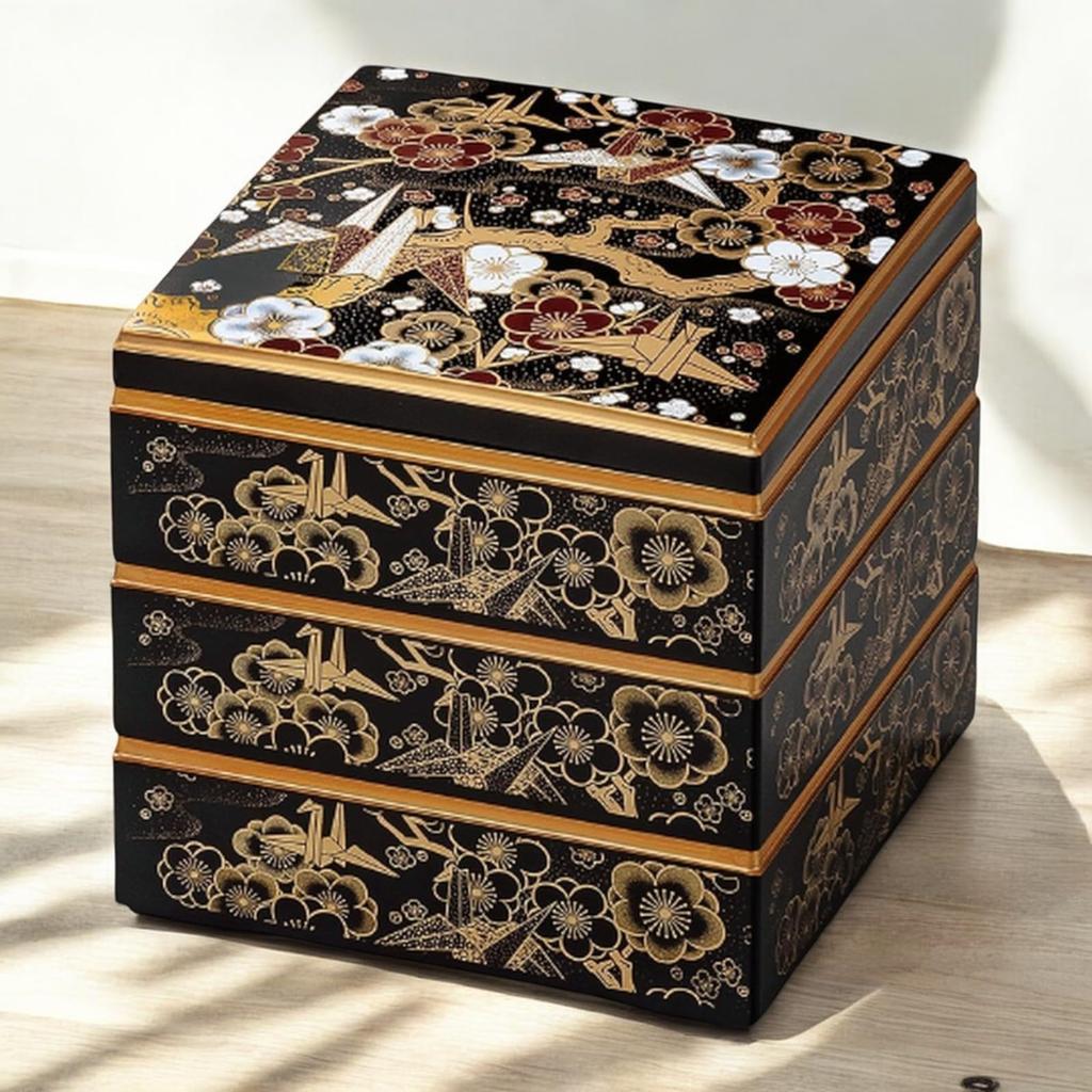 J-kitchens Lacquerware 3-Tiered Jubako Box, 6.5 Inches, Saikakugura Black, Origami Crane Design, 19cm, Resin, Made In Japan