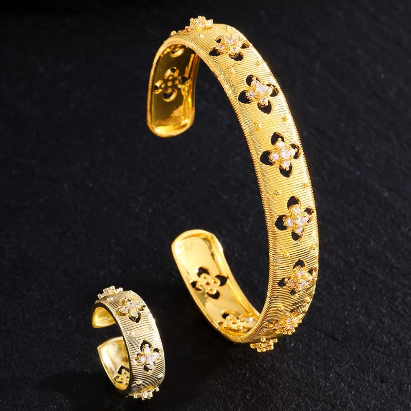 New Chinese Style Vintage Clover Jewelry Set Women Hollow Wire Drawing Bracelet Ring