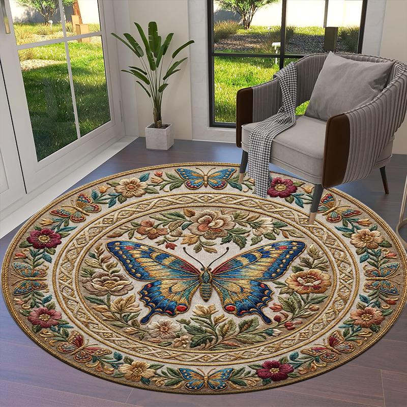 Tappeto Rotondo Retrò con Farfalle, Tappeto per Soggiorno Camera da Letto Divano Sala Giochi Decorazione, Tappetino Antiscivolo 86