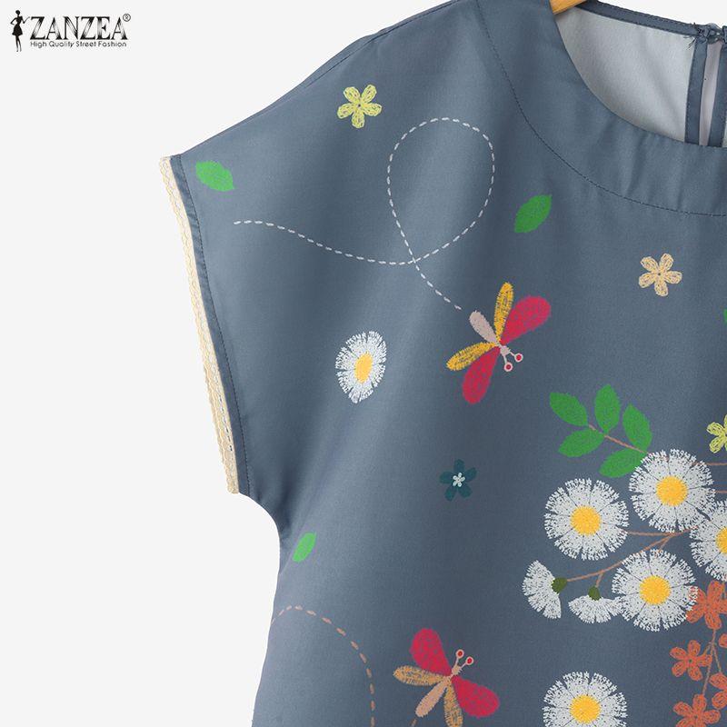 ZANZEA Blusa feminina casual de verão com decote redondo e manga curta floral