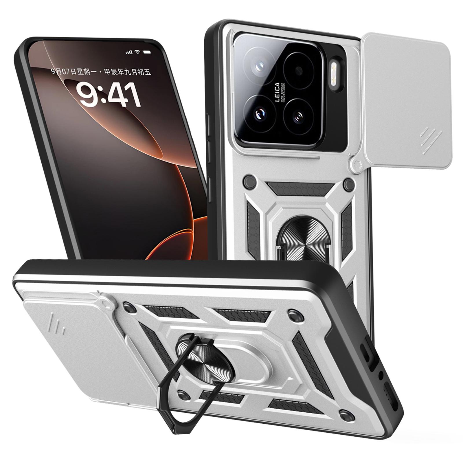 

For Xiaomi 15 Case with Slide Camera Lid PC+TPU Kickstand Phone Cover Silver