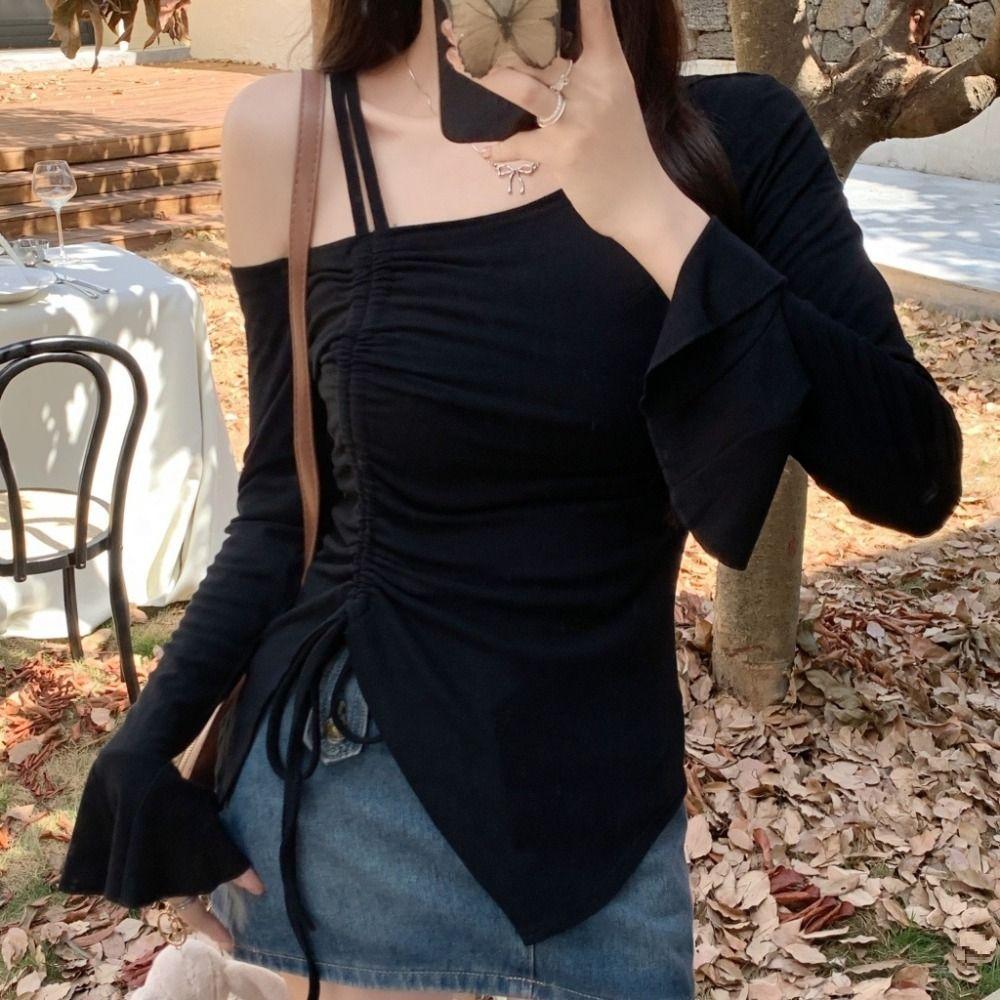 Sweet Irregular T Shirt Drawstring Slanted Shoulder Top Sweet Long Sleeve Crop Top Summer