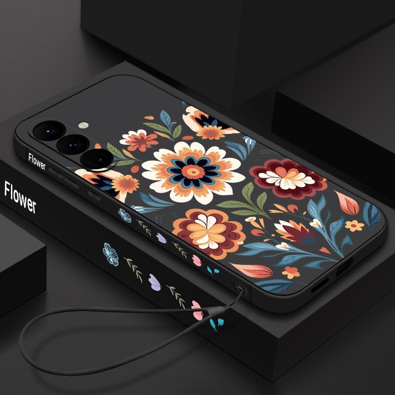 Retro Flower Print Lanyard Phone Case For Samsung Galaxy A57 A17 A56 A16 A55 A15 A36 S24 S25 FE S26 S25 S23 S22 Ultra Soft Cover