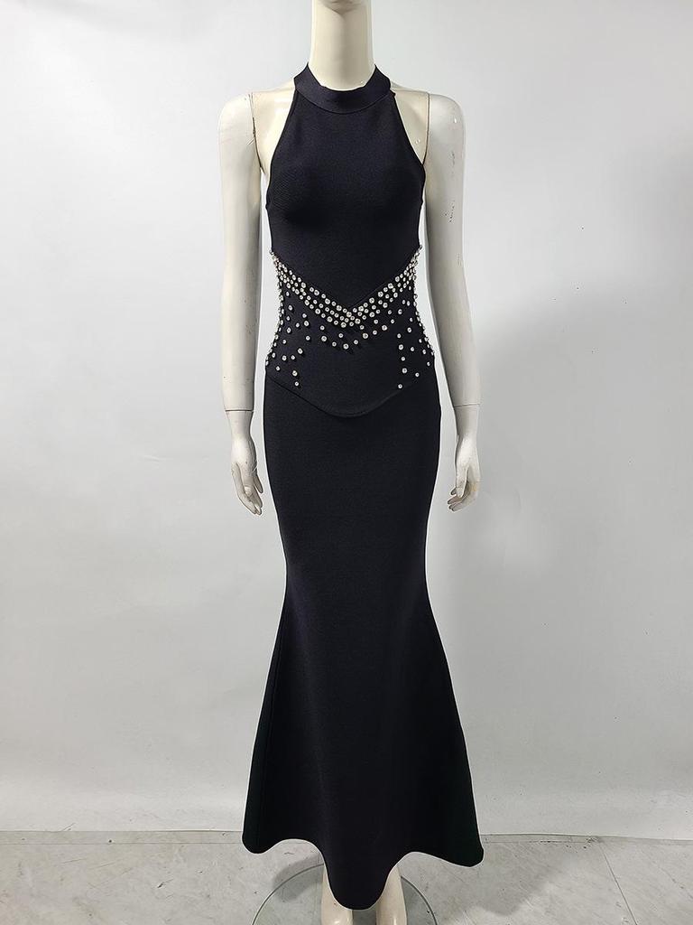 Rhinestone Evening Fishtail Dress with Waist-Cinching Bandage Design