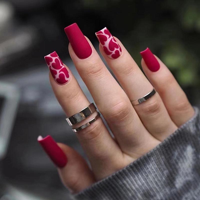 Red Heart Matte Medium-Long Nails - Spicy Sweet Cool Style