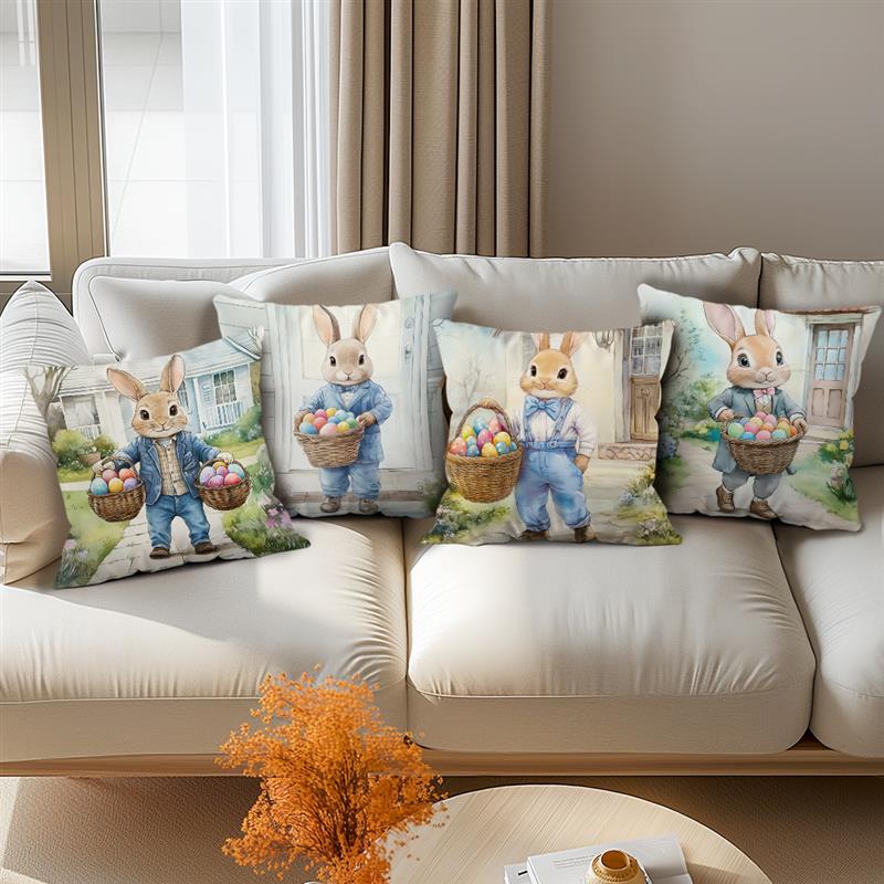 1 Pc Cute Bunny Cushion Cover Farmhouse Home Decor Pillowcase Cartoon Rabbit Printed Cushion Pillows Cover Happy Easter Decor