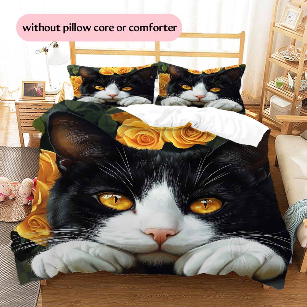 Cow Cat and flowers Pattern Bedding Home Decoration Birthday Gift (1 * duvet cover + 2 * pillowcase, without core)