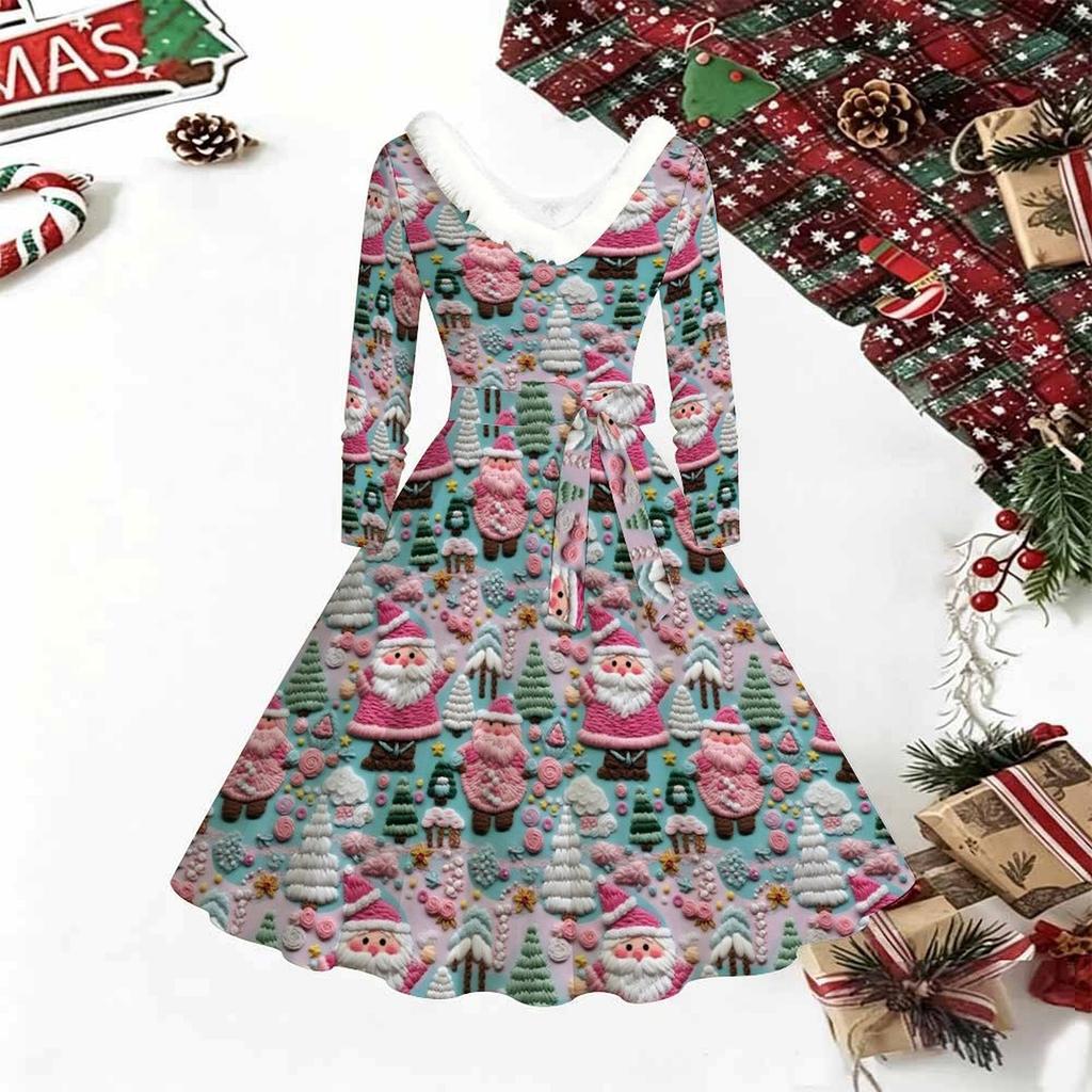 Women Christmas Print Midi Dress, Long Sleeve V‑Neck Furry Trim A‑Line Party Dress, Christmas Limited Edition