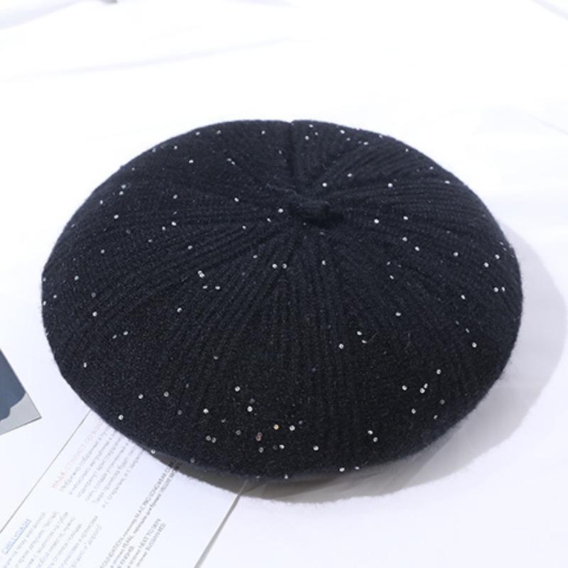 Glitter beret women's autumn and winter woolen hat with fleece winter knitted hat solid color women's hat