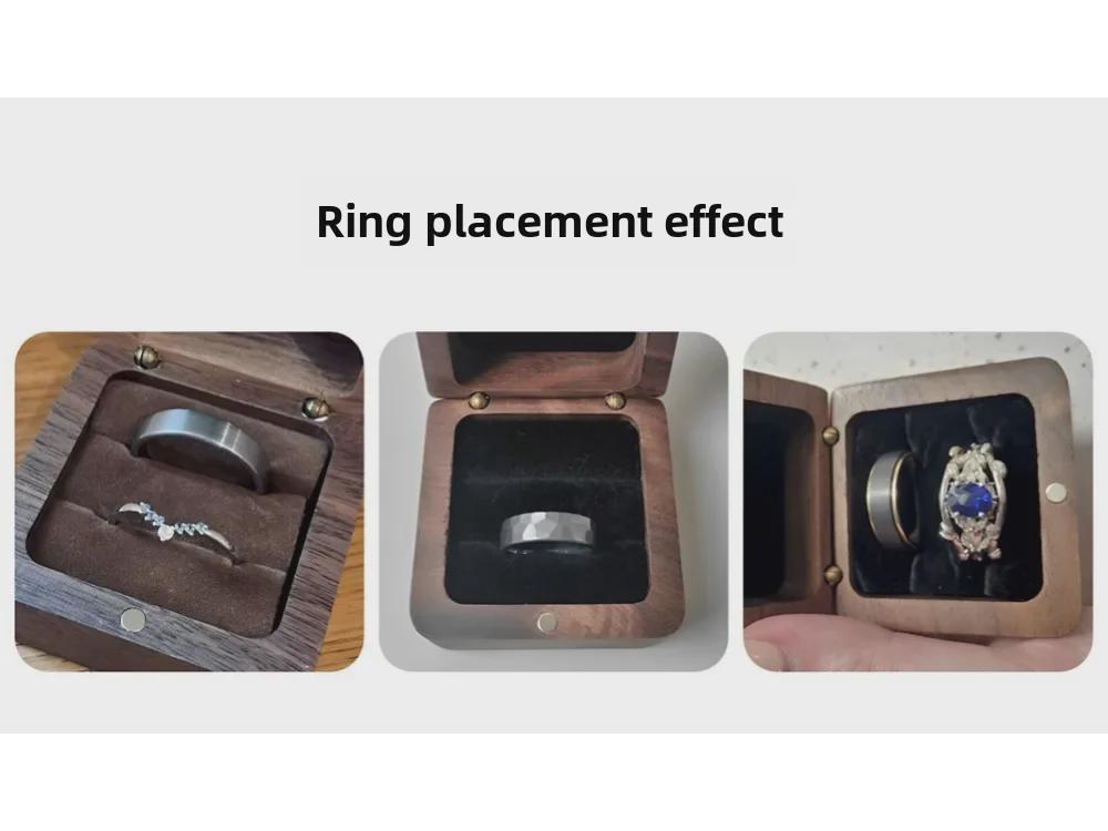 Walnut Solid Wood Double Groove Ring Box with Laser Pattern for Engagement or Proposal Rings