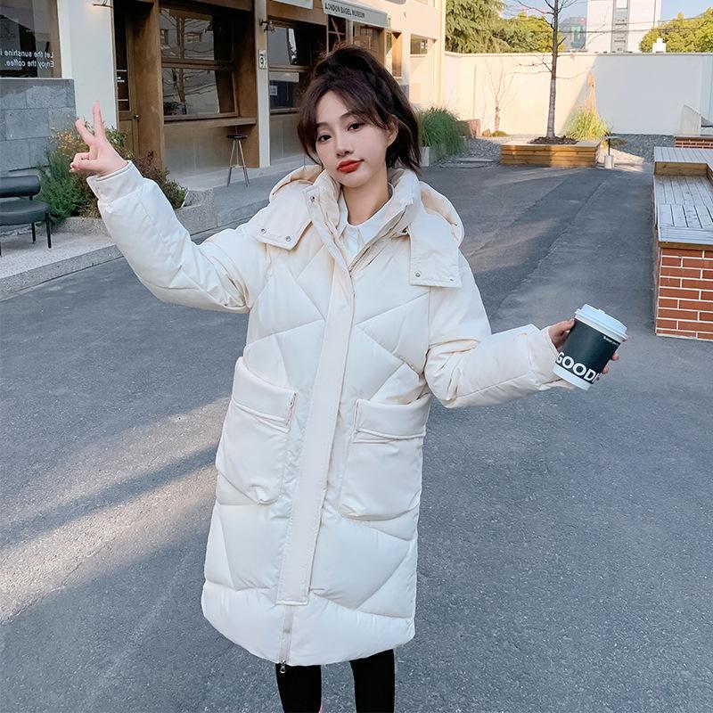 Spot New Simple Cotton-padded Clothes Women's Medium and Long Over-knee Removable Hat Cotton-padded Jacket Bread Cotton-padded Clothes