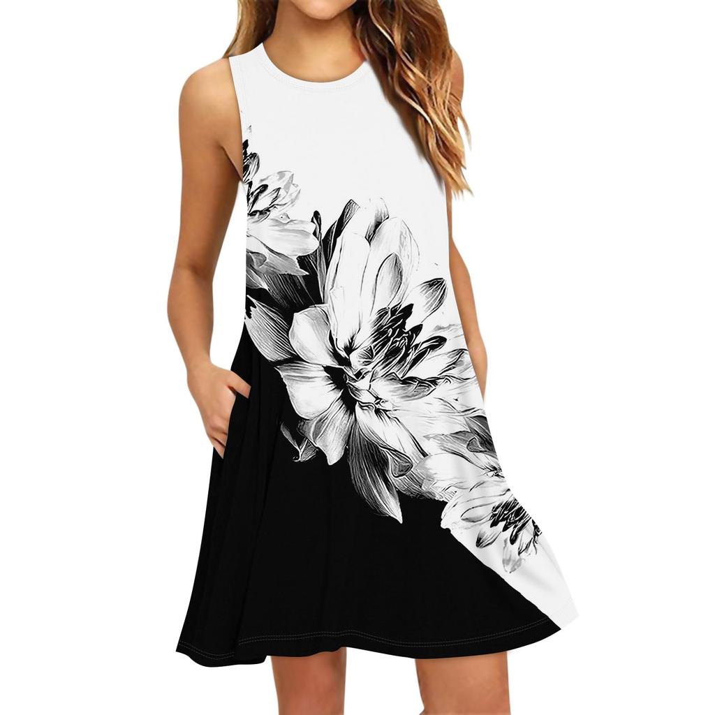 Women's Fashion Beach Dress Sleeveless Round Neck Texture Print Dress