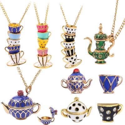 Fashion Accessories Enamel Glaze Teacup Earrings Long Necklace Sweater Chain Jewelry Women's Pendant