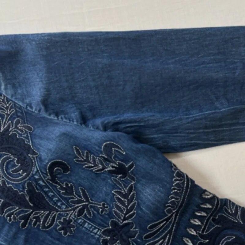 Johnature Woman Spring Chinese Style Long Sleeves Vintage Single Breasted Dress Cotton Embroidery V-Neck Dress