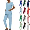 Women's Short Sleeved Color Round Neck Pocket Top Pants Work Clothes Two Piece Set