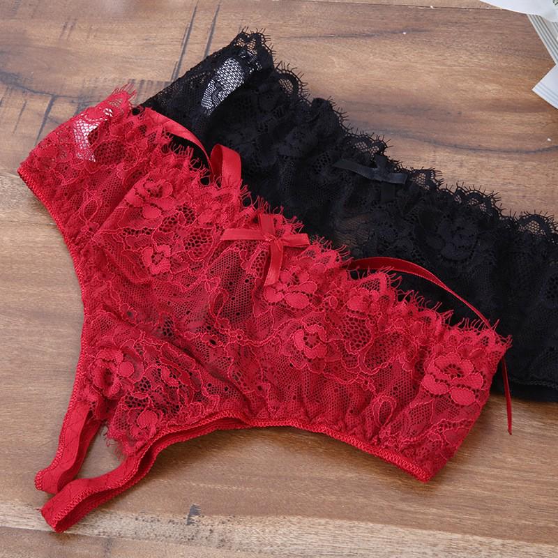 Sexy Women's Sheer Lace Crotchless Tie-Up Panties
