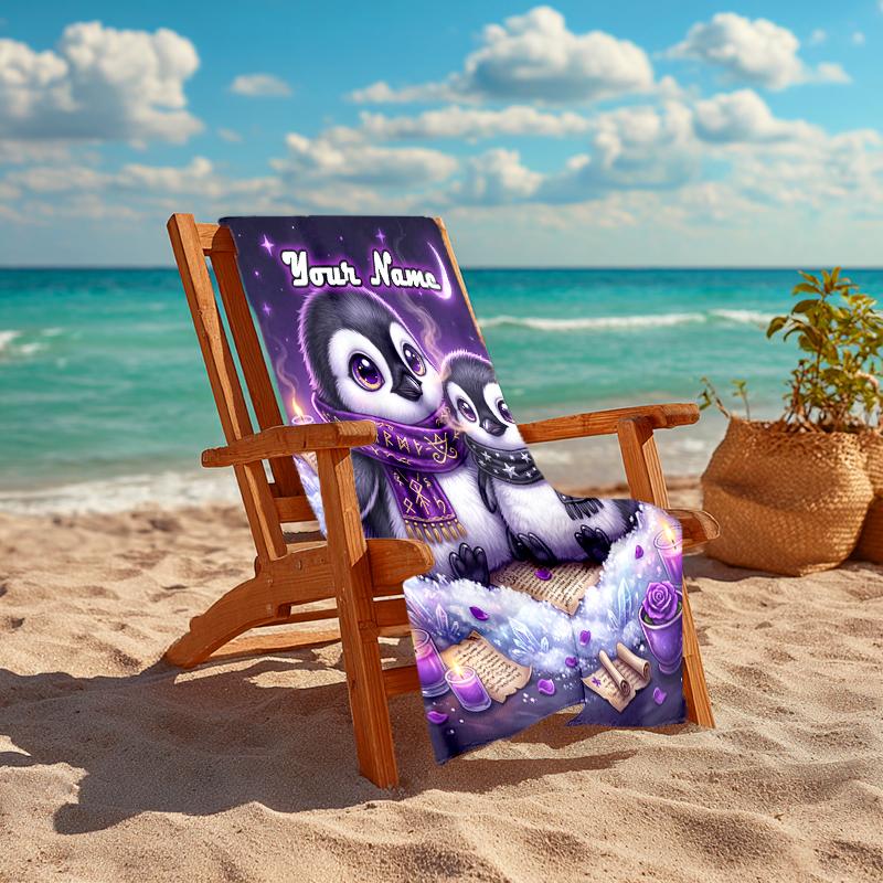 1PC Custom Name Penguin Friends Winter Night Beach Towel Highly Absorbent And Sand-Resistant Towel for Swimming, Pool, Yoga, And Travel Lightweight