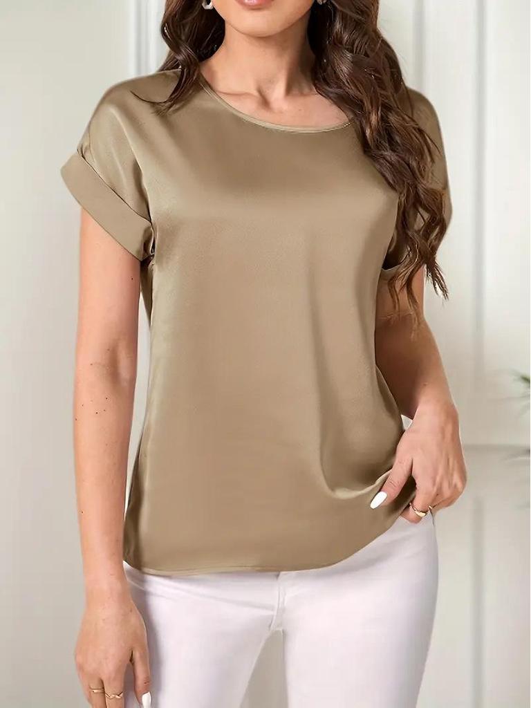 2025 Women's Summer Glossy Solid Color Short Sleeve Loose T-shirt