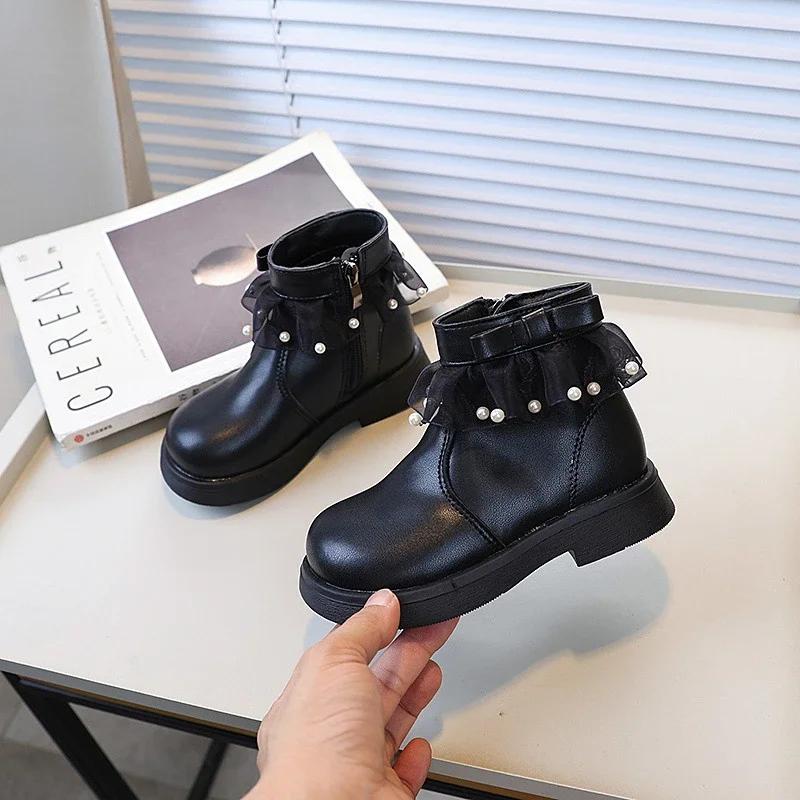 

Kids Shoes Boots for Girl Sweet Bowknot Ankle Versatile Princess Fashion Boots Thick Soled Causal Children Catwalk Leather Boots 23 чёрный