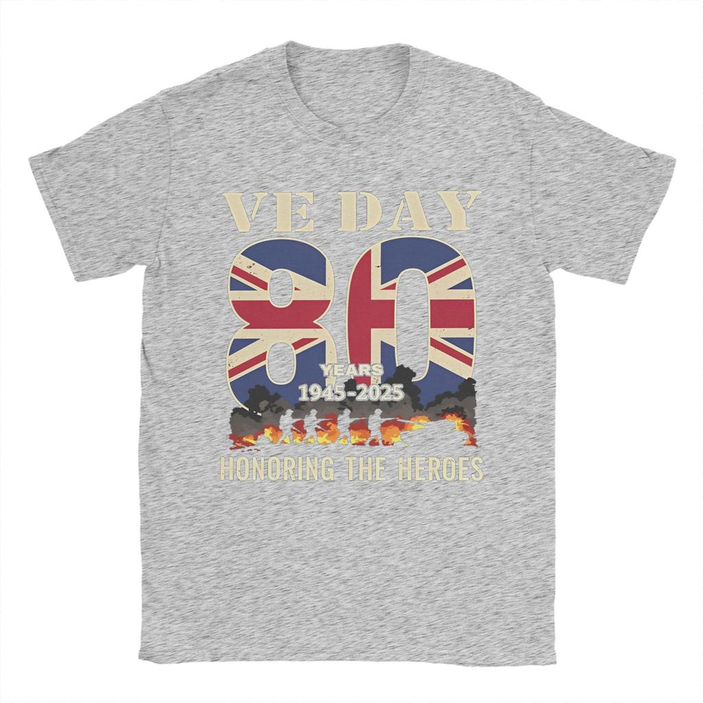 Leisure Ve Day 80th Anniversary 2025 WWII Fire T-Shirt Men Crew Neck 100% Cotton T Shirts UK Flag Short Sleeve Tee Adult Clothes