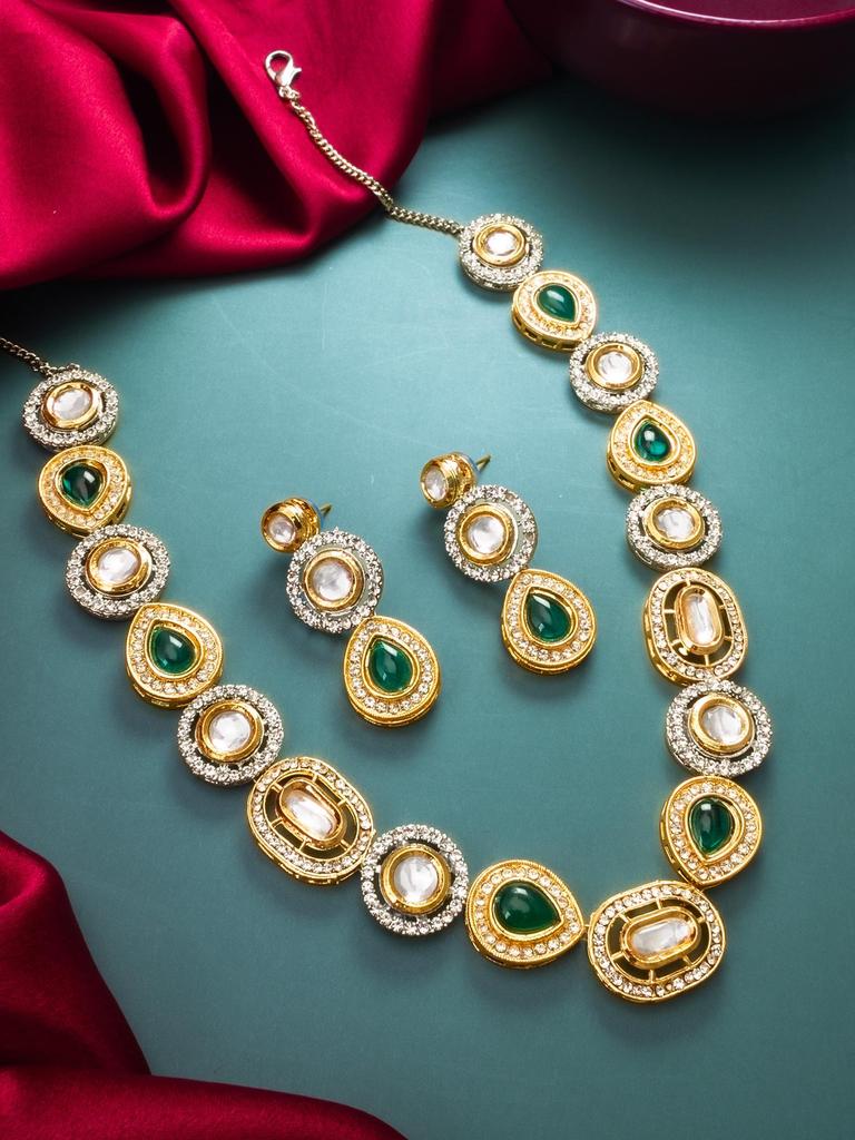 Gold-Plated Green & White Stone-Studded & Beaded Handcrafted Jewellery Set