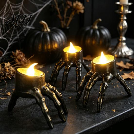 Spooky Home Decor Halloween Skeleton Hand Candle Light, Gothic Creepy Skull Hands Fake LED Prop for Haunted House Table Centerpiece, Entryway, House,