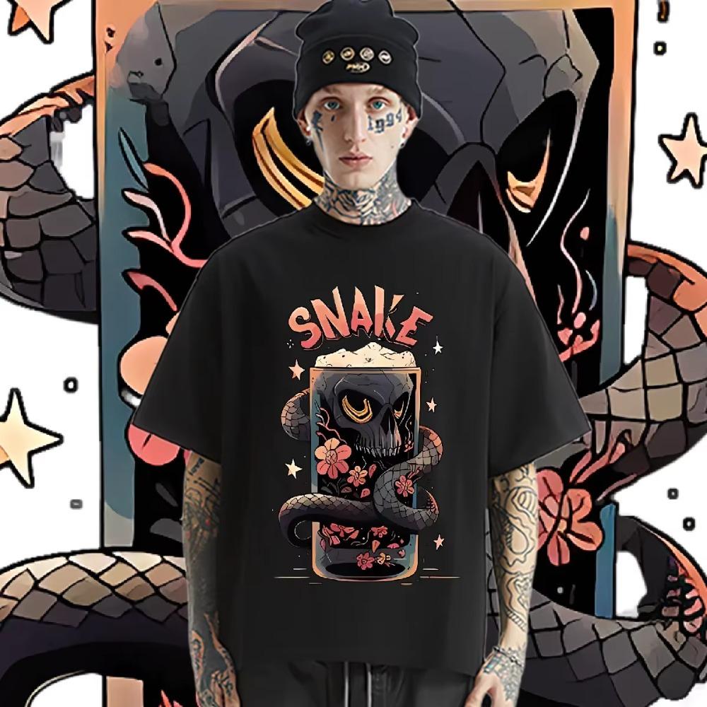 Snake Around Cup Shirt Short Sleeve O-Neck Clothes Hip Hop Men's Tshirt HD Graphic Printing Tee Causal Tops Oversize T-shirt