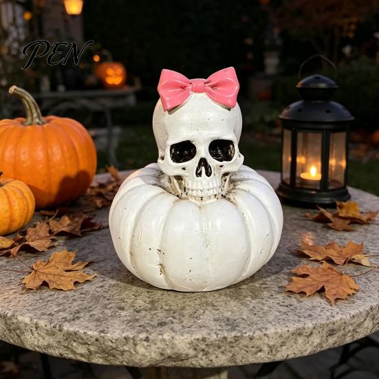 Gothic Wedding Couple Figurines Skull Pumpkin Statue, Halloween Bride Groom Figurine, Pink Retro Style Statues Bow on Ornament for Desktop Mantel