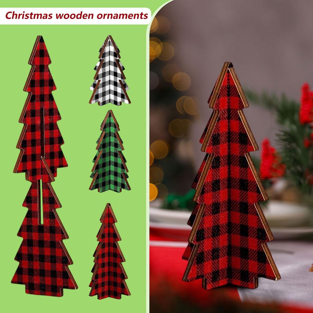3 Pieces Christmas Decor Plaid Christmas Tree Decorations Set Of, 3D Wooden Tabletop Trees, 5.5 Inch Height, Holiday Home Decor (Plaid Style)