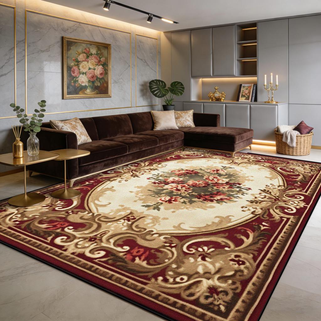 European Luxury Red Flower Fluffy Living Room Rug Easy Clean Soft Retro Tasting Area Carpet Large Area Non-slip Sofa Floor Mats