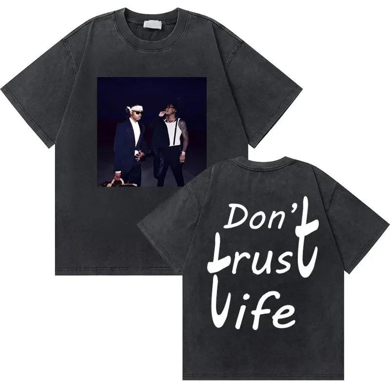 Oversized Acid-Wash Vintage Short-Sleeve T-Shirt Featuring Metro Boomin x Future Figure Print & "Don't Trust Life" Slogan Double-Sided Graphic