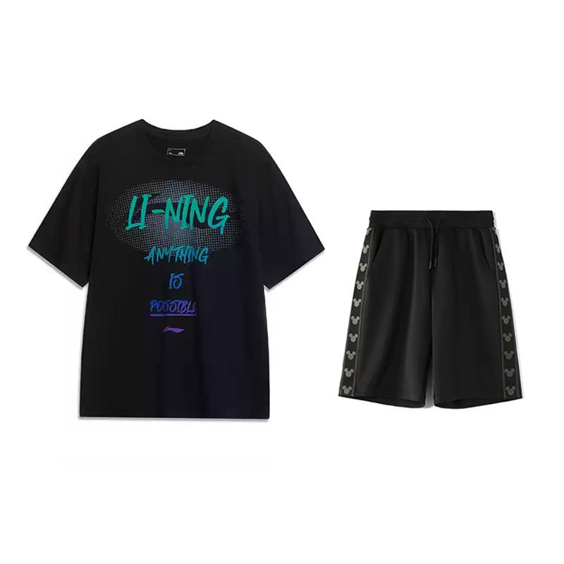 

Пуловер с круглым вырезом и принтом логотипа Li Ning, с короткими рукавами, свободный, удобный, универсальный, шорты, повседневный спортивный костюм, костюм унисекс AHSU803-2+YKSV129-2 M