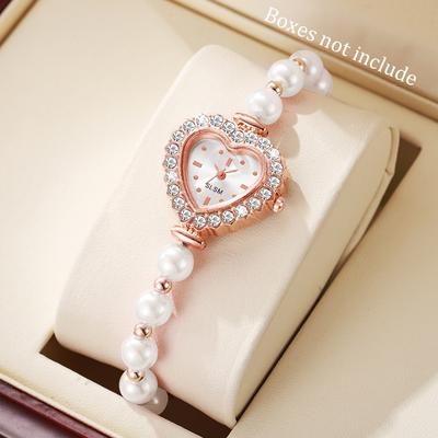 1PCs/Set Women's Romantic Watch Elegant Fashion Heart-Shaped Dial Classic Trendy Quartz Bracelet Watch (Box Not Included )