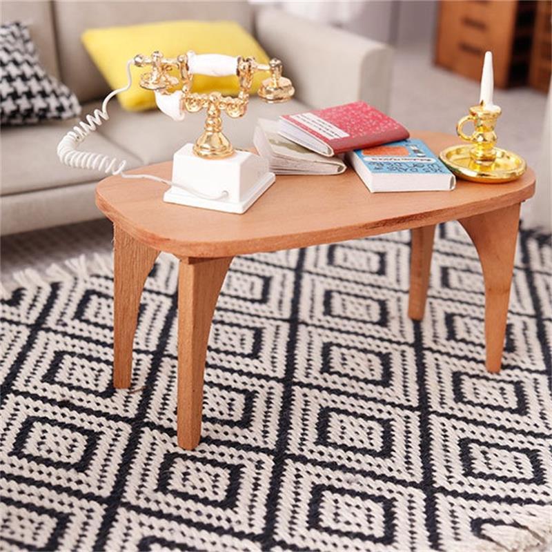 Cute Dollhouse Miniatures Cherry Wood Coffee Table Desk Model Mini Furniture Ornaments Kids Pretend Play Toy Diy Accessory Gifts