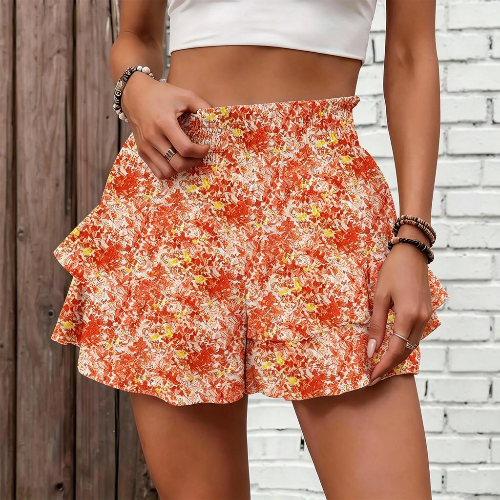 Women's Summer Fashionable Elastic Waist Floral Print Holiday Casual Shorts