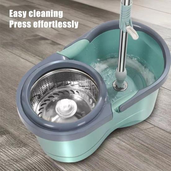 Spin Mop Bucket Set with 2 Replacement Rag Stainless Steel Handle Rotating System Dry Wet Mop Household Cleaning Tool